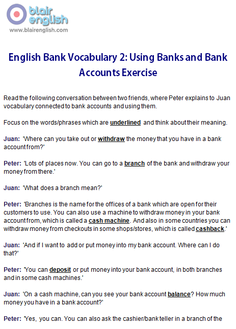 English Bank Vocabulary 2 exercise worksheet sample page