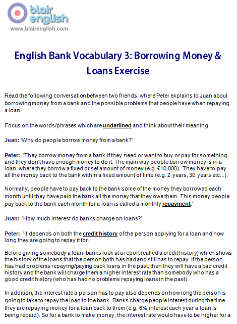 English Bank Vocabulary 3 exercise worksheet sample sage