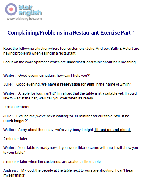 Complaining/Problems in a Restaurant Part 1 exercise worksheet sample page