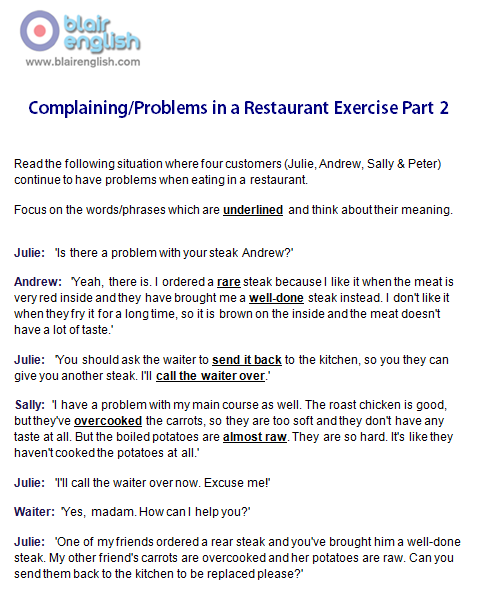 Complaining/Problems in a Restaurant Part 2 exercise worksheet sample page