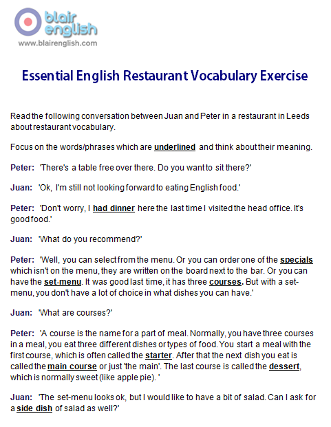 Essential English Restaurant Vocabulary exercise worksheet sample page