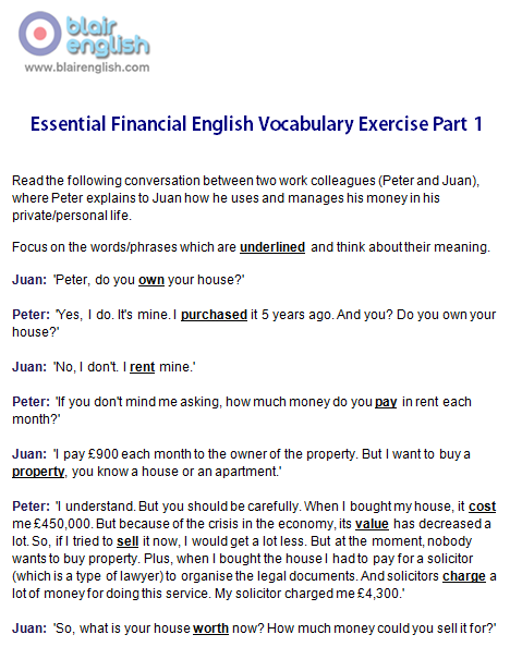 Essential Financial English Vocabulary Part 1 exercise worksheet sample page