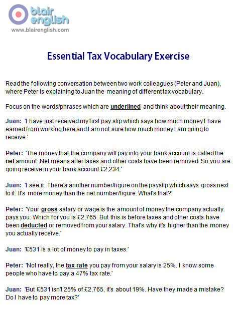 Essential Tax Vocabulary exercise worksheet sample page